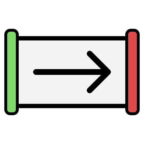 A closed rectangle where the left side has a green edge, and the right side has a red edge. Inside it is a black arrow pointing rightwards.